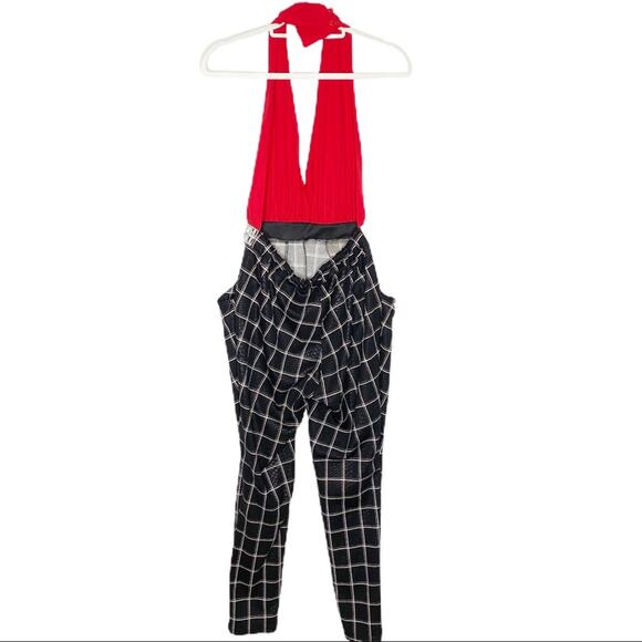 Line Up Red Halter Black Checkered Romper Pants Medium - Picture 6 of 7